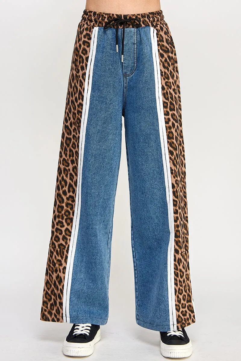 LEOPARD STRIPE DRAWSTRING ELASIC WAIST JEANS