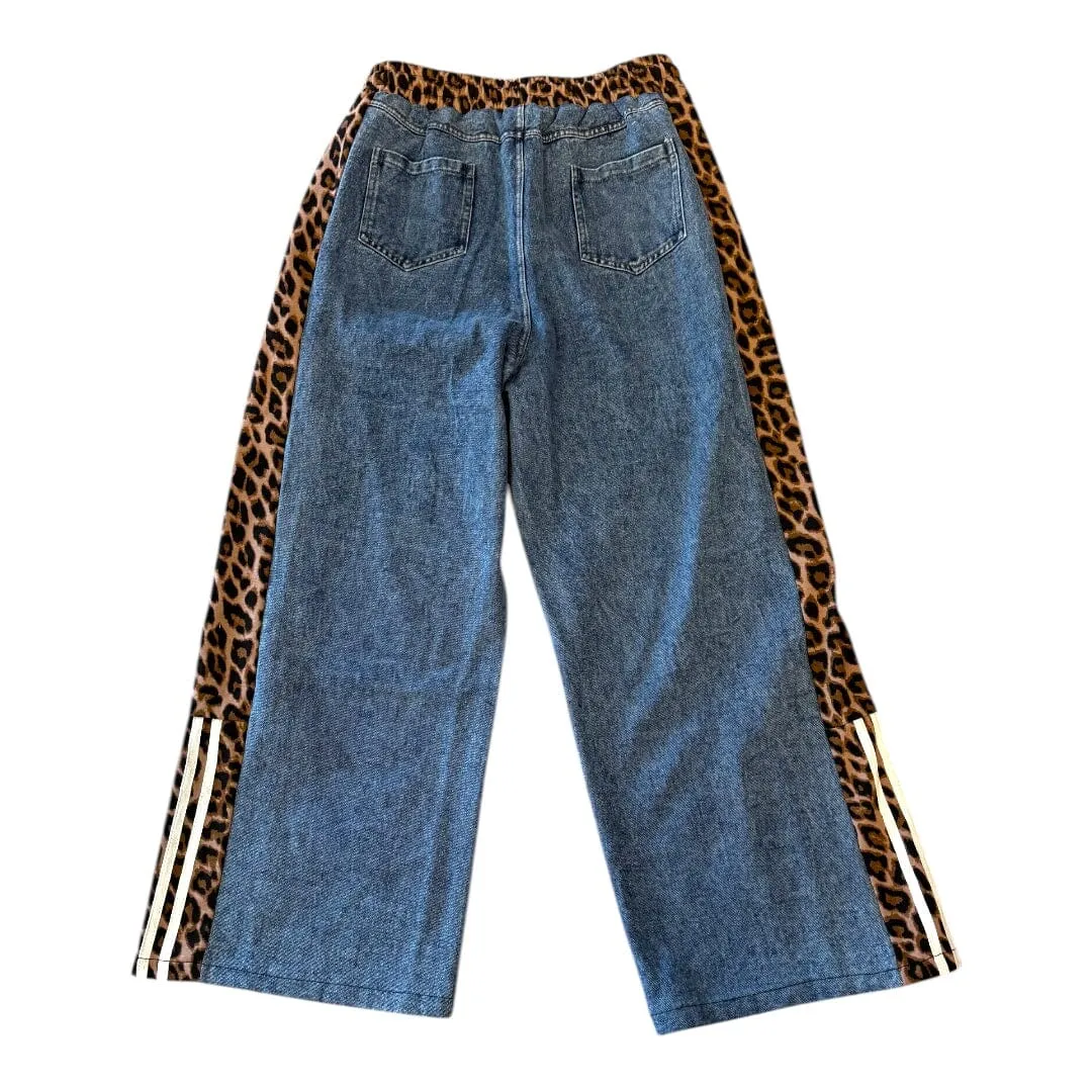 LEOPARD STRIPE DRAWSTRING ELASIC WAIST JEANS