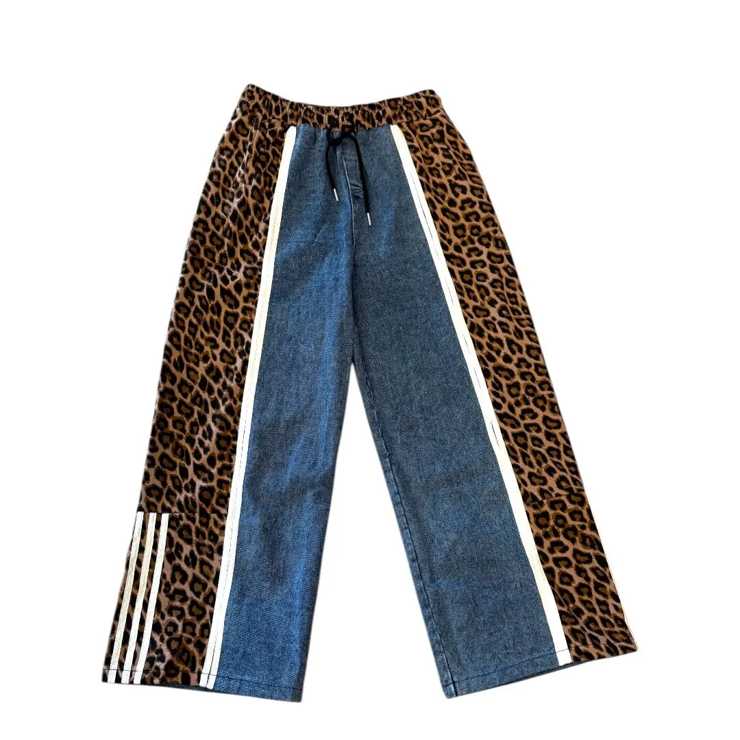 LEOPARD STRIPE DRAWSTRING ELASIC WAIST JEANS