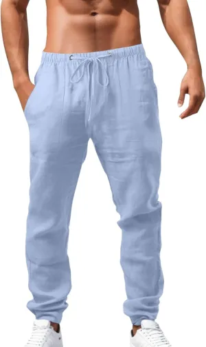Lightweight Cotton Linen Pants for Men Elastic Waisted Straight Leg Beach Yoga Pants Breathable Running Trousers Black Chino Pants