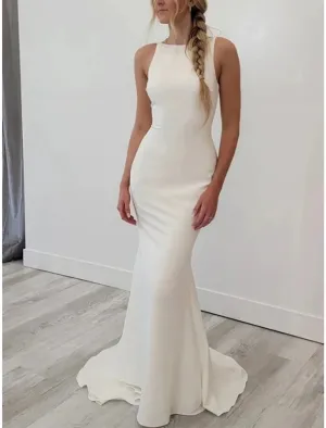 Luolandi Reception Casual Wedding Dresses Sheath / Column Scoop Neck Sleeveless Sweep / Brush Train Stretch Fabric Bridal Gowns With Solid Color Open Back