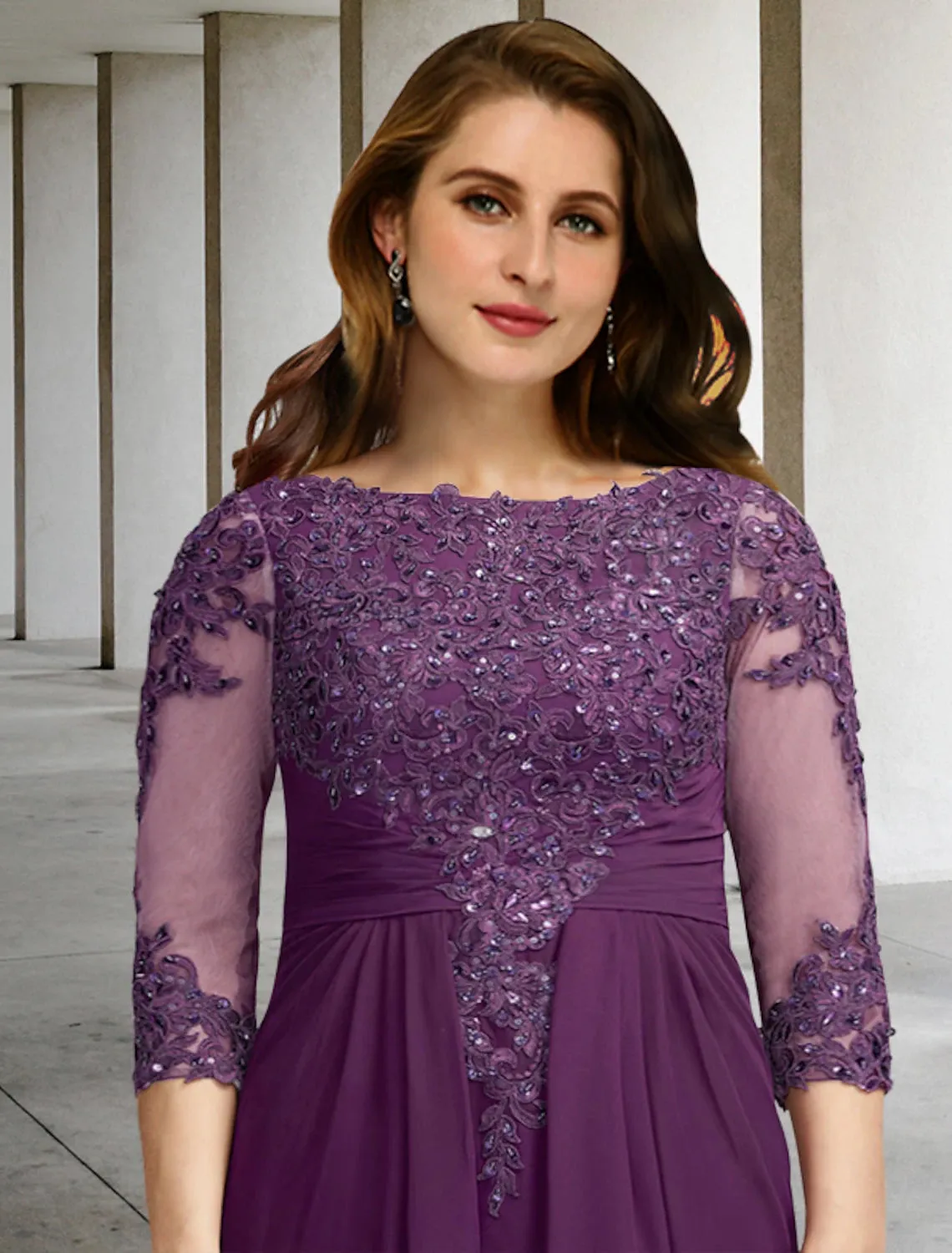 Luolandi Sheath / Column Plus Size Curve Mother of the Bride Dresses Elegant Dress Formal Wedding Guest Floor Length Half Sleeve Jewel Neck Chiffon with Ruched Beading