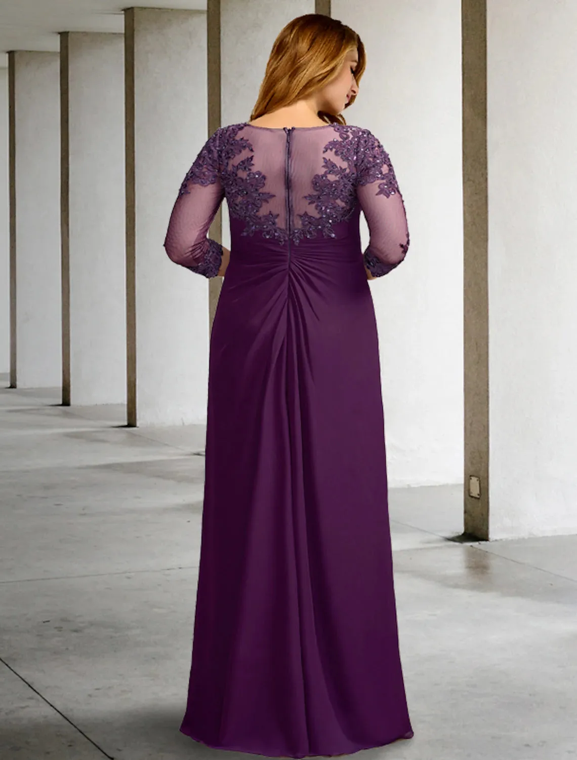 Luolandi Sheath / Column Plus Size Curve Mother of the Bride Dresses Elegant Dress Formal Wedding Guest Floor Length Half Sleeve Jewel Neck Chiffon with Ruched Beading