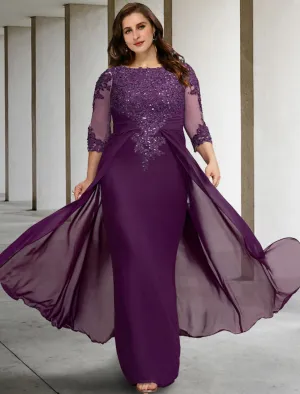 Luolandi Sheath / Column Plus Size Curve Mother of the Bride Dresses Elegant Dress Formal Wedding Guest Floor Length Half Sleeve Jewel Neck Chiffon with Ruched Beading