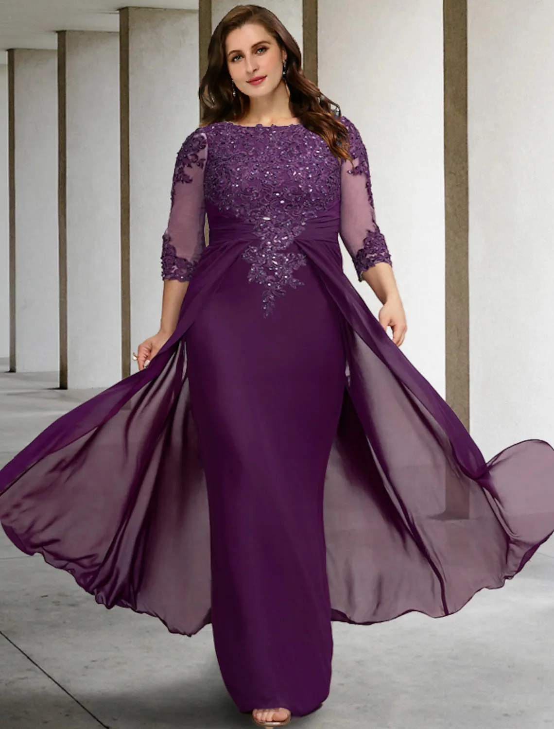 Luolandi Sheath / Column Plus Size Curve Mother of the Bride Dresses Elegant Dress Formal Wedding Guest Floor Length Half Sleeve Jewel Neck Chiffon with Ruched Beading
