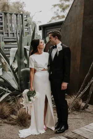 Luolandi Sheath Engaged Noivas Wedding Dresses With Slit Short Sleeve Floor Length Simple