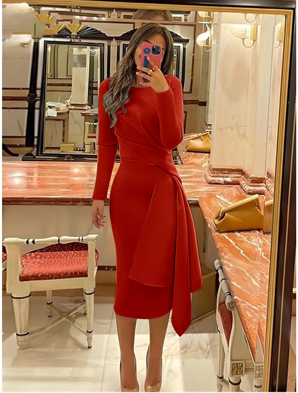 Luolandi Sheath Formal Dress Cocktail Dresses Elegant Christmas Red Green Dress Formal Fall Knee Length Long Sleeve Jewel Neck Stretch Fabric with Pleats
