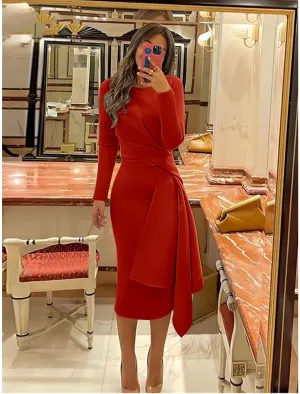 Luolandi Sheath Formal Dress Cocktail Dresses Elegant Christmas Red Green Dress Formal Fall Knee Length Long Sleeve Jewel Neck Stretch Fabric with Pleats
