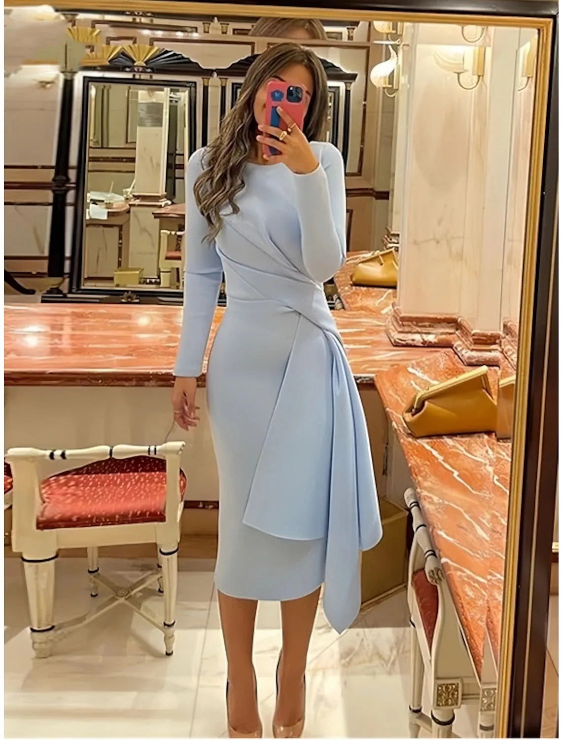 Luolandi Sheath Formal Dress Cocktail Dresses Elegant Christmas Red Green Dress Formal Fall Knee Length Long Sleeve Jewel Neck Stretch Fabric with Pleats