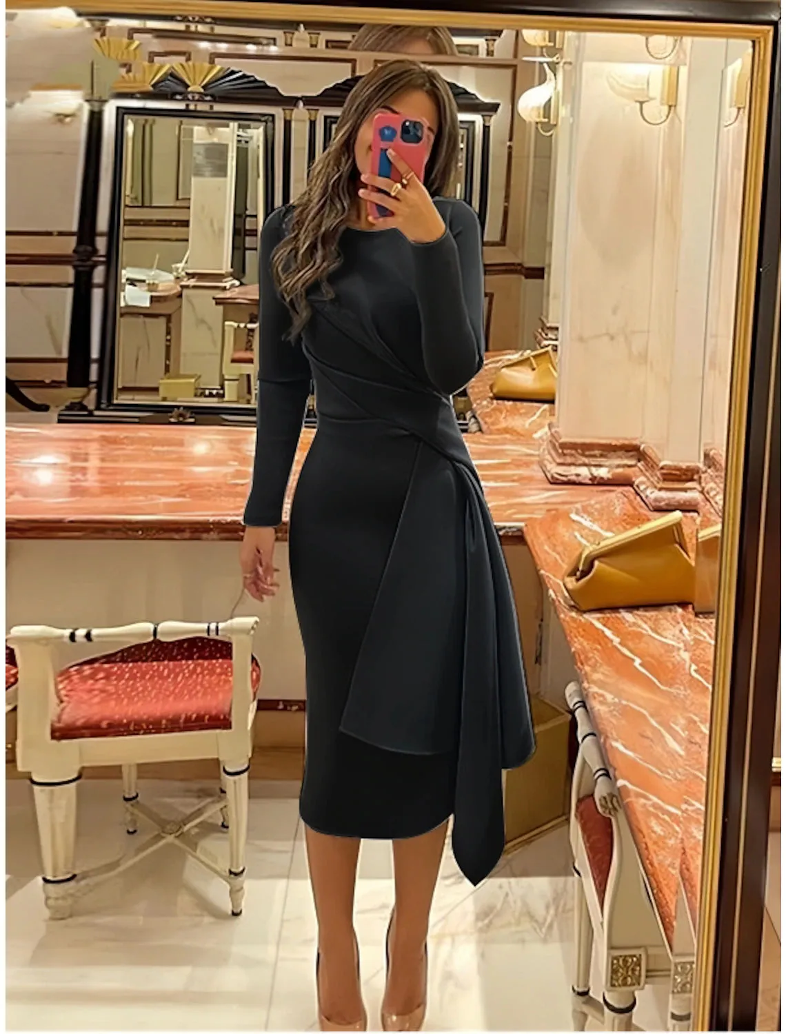 Luolandi Sheath Formal Dress Cocktail Dresses Elegant Christmas Red Green Dress Formal Fall Knee Length Long Sleeve Jewel Neck Stretch Fabric with Pleats