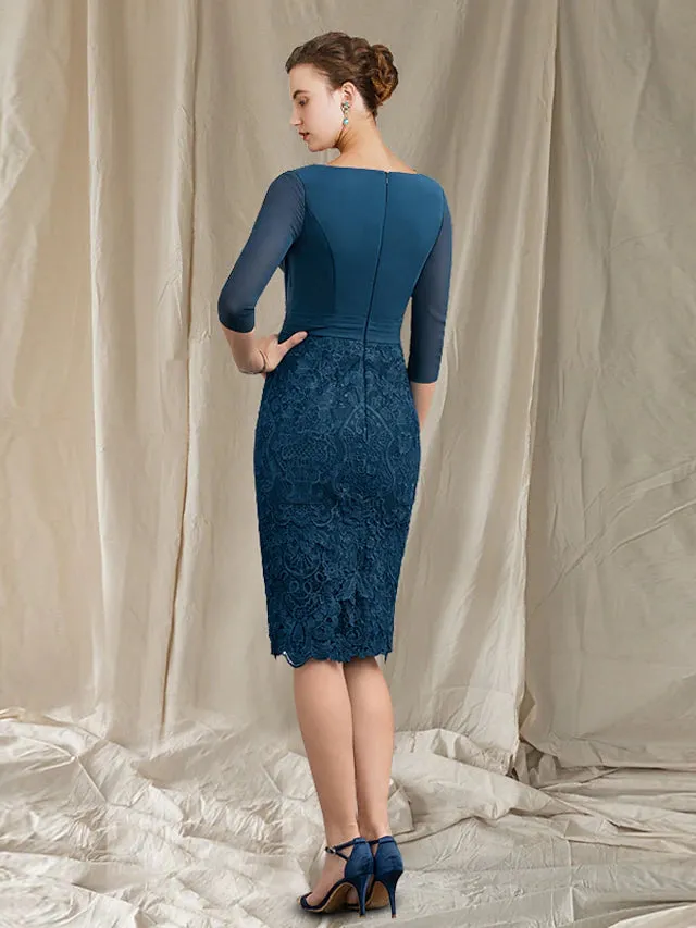 Luolandi Two Piece Sheath / Column Mother of the Bride Dress Church Elegant V Neck Knee Length Chiffon Lace Half Sleeve Jacket Dresses with Appliques Crystal