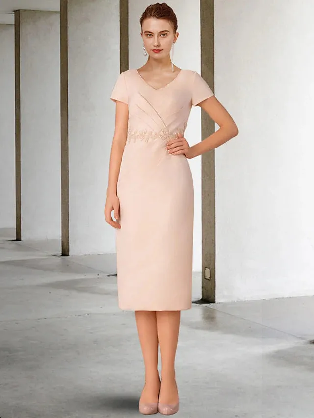 Luolandi Two Piece Sheath / Column Mother of the Bride Dress Church Elegant V Neck Knee Length Lace Stretch Chiffon Short Sleeve Jacket Dresses with Appliques
