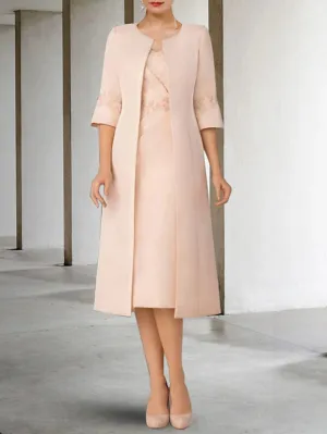 Luolandi Two Piece Sheath / Column Mother of the Bride Dress Church Elegant V Neck Knee Length Lace Stretch Chiffon Short Sleeve Jacket Dresses with Appliques