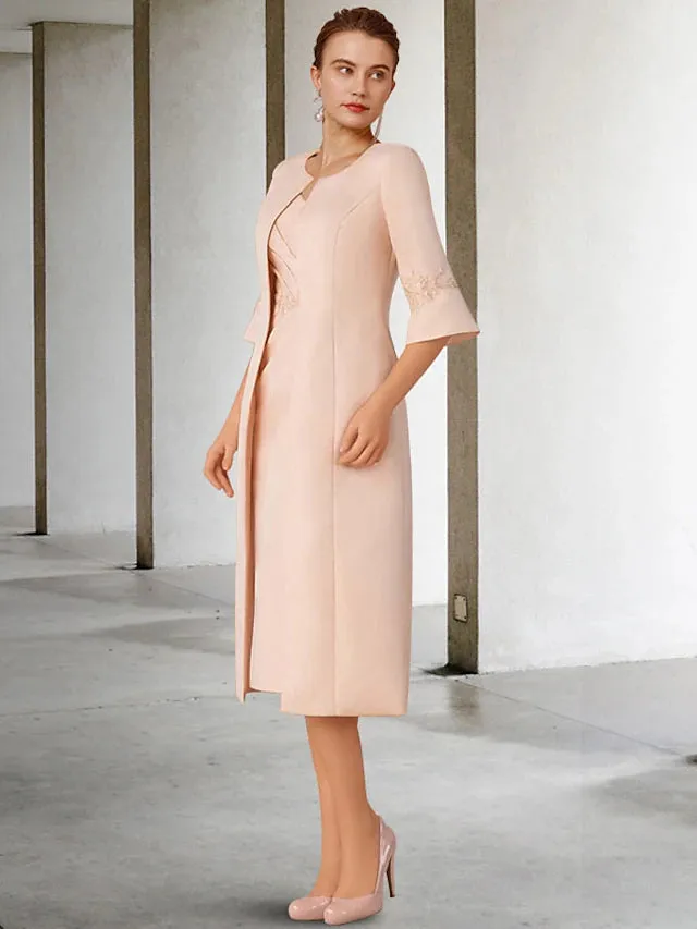 Luolandi Two Piece Sheath / Column Mother of the Bride Dress Church Elegant V Neck Knee Length Lace Stretch Chiffon Short Sleeve Jacket Dresses with Appliques