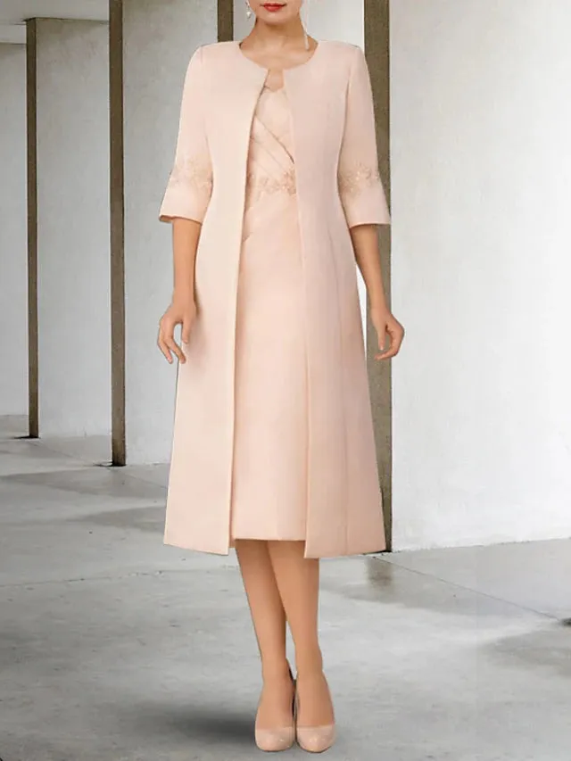 Luolandi Two Piece Sheath / Column Mother of the Bride Dress Church Elegant V Neck Knee Length Lace Stretch Chiffon Short Sleeve Jacket Dresses with Appliques