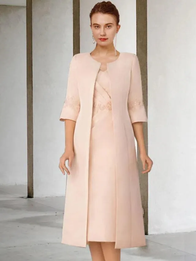 Luolandi Two Piece Sheath / Column Mother of the Bride Dress Church Elegant V Neck Knee Length Lace Stretch Chiffon Short Sleeve Jacket Dresses with Appliques