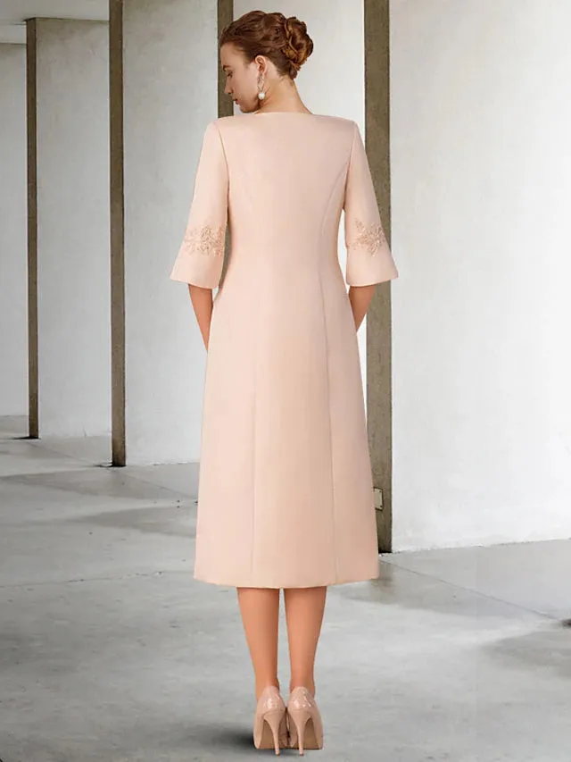 Luolandi Two Piece Sheath / Column Mother of the Bride Dress Church Elegant V Neck Knee Length Lace Stretch Chiffon Short Sleeve Jacket Dresses with Appliques