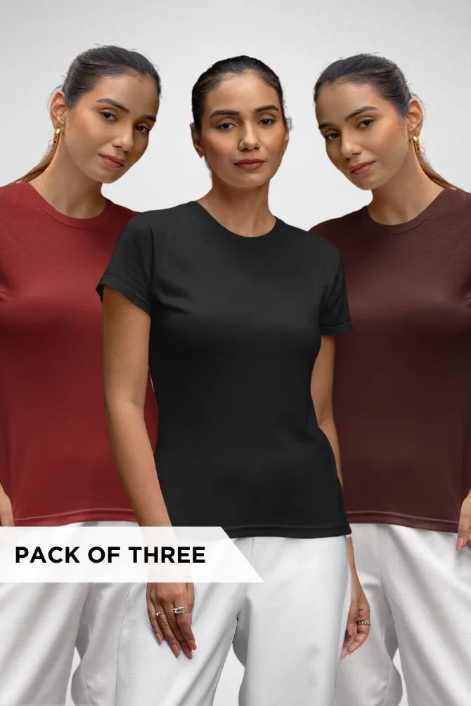 Pack Of 3 Plain T-shirts Black Maroon and Red for Women
