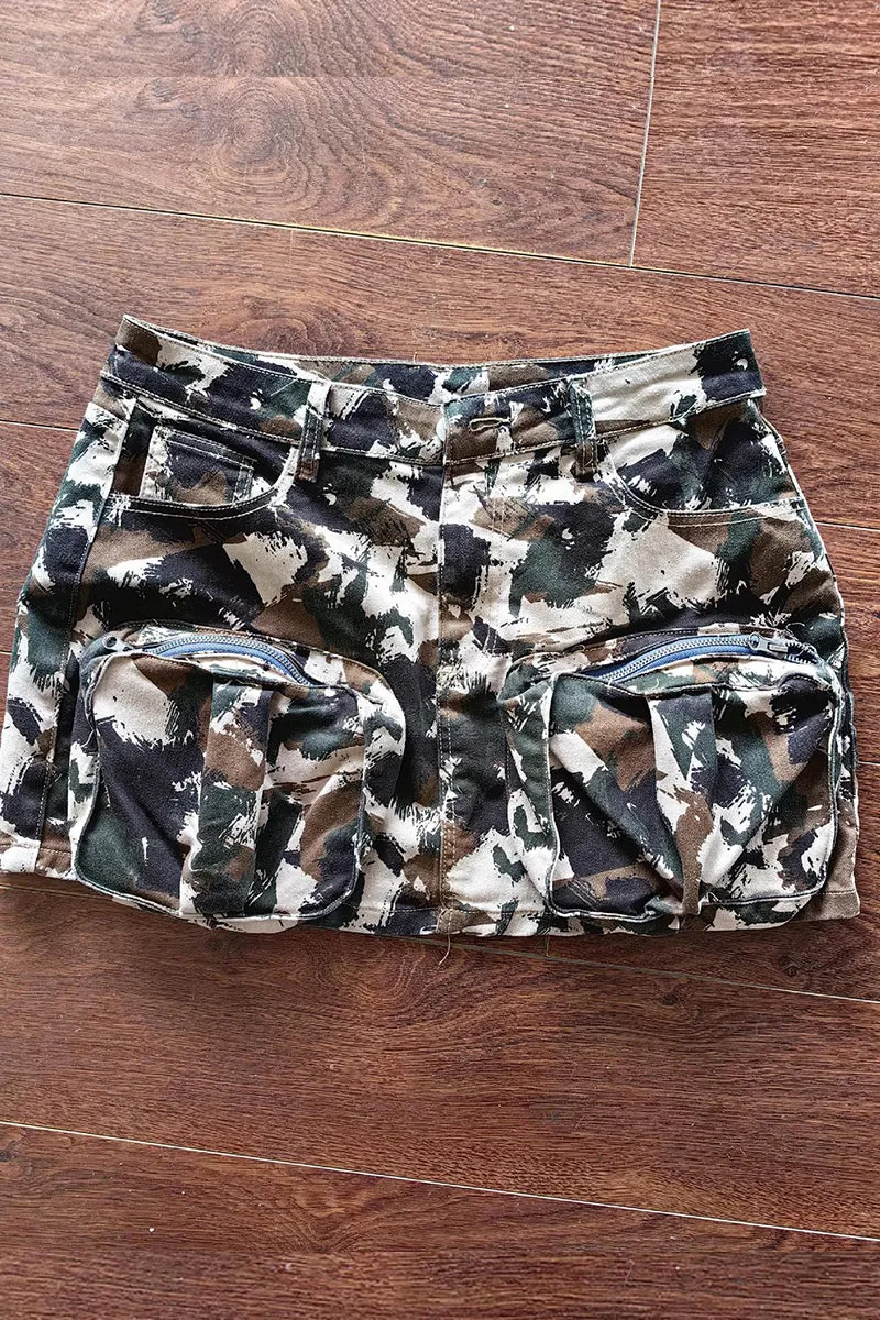 QT3065 Camo Cargo Mini Skirt Dress