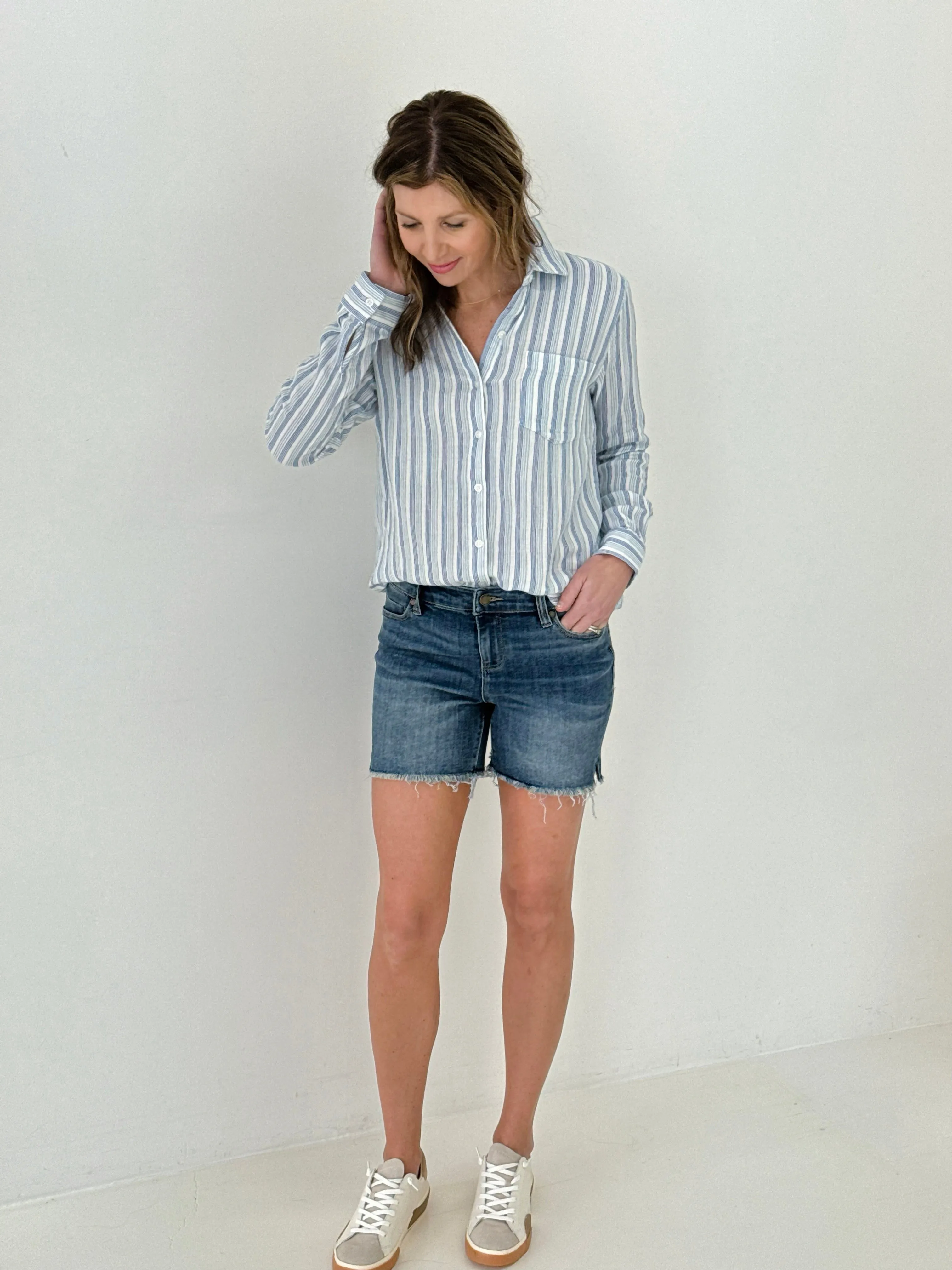 (Restock!) Thread & Supply Linda Shirt in White & Blue Sea Stripe