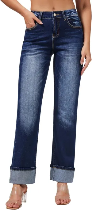 roswear Womens Straight Leg Jeans High Waisted Boyfriend Stretchy Cuffed Denim Pants
