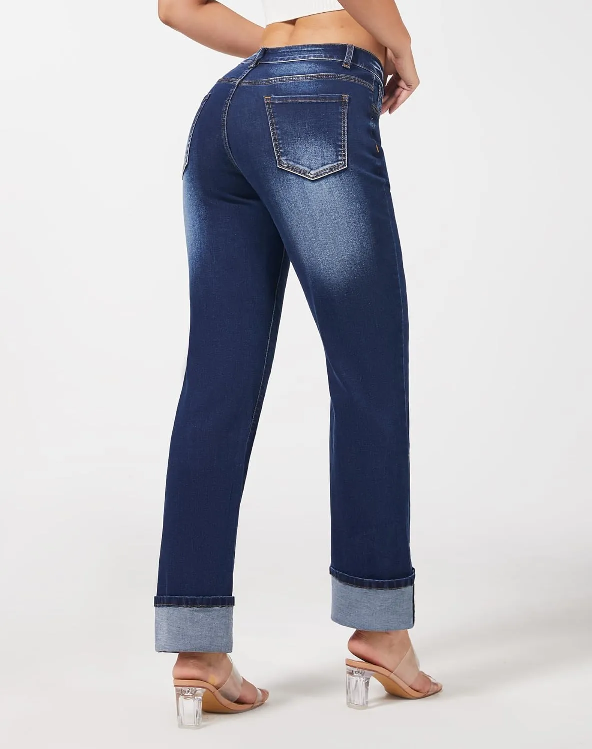 roswear Womens Straight Leg Jeans High Waisted Boyfriend Stretchy Cuffed Denim Pants
