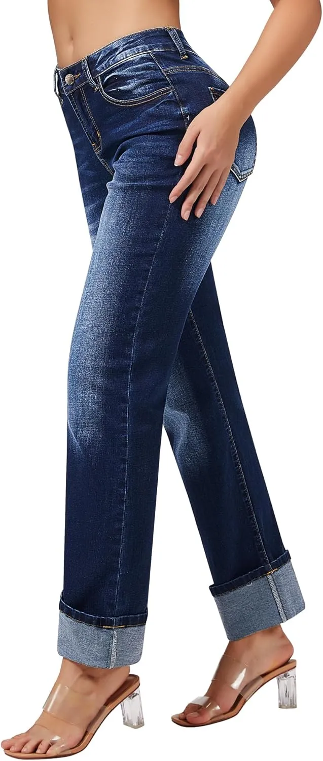 roswear Womens Straight Leg Jeans High Waisted Boyfriend Stretchy Cuffed Denim Pants