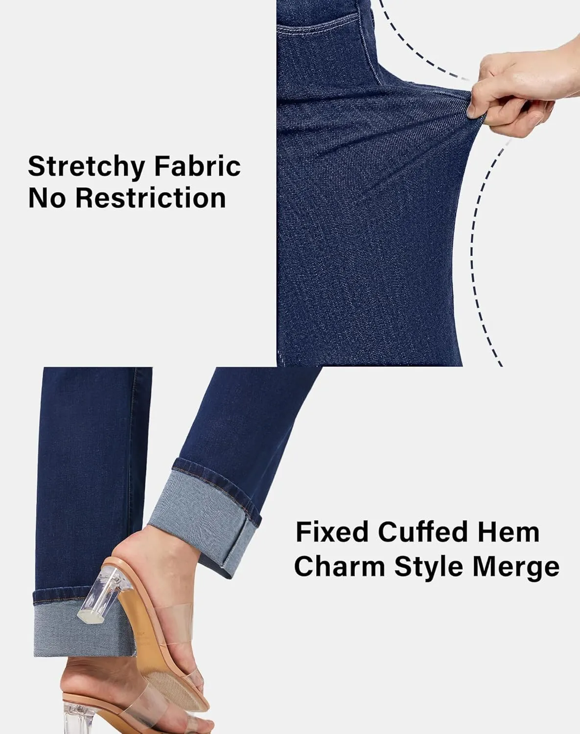 roswear Womens Straight Leg Jeans High Waisted Boyfriend Stretchy Cuffed Denim Pants