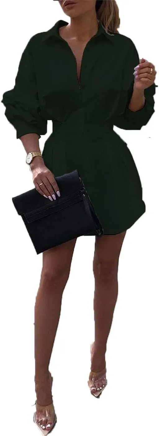 Sexy Mini Shirt Dress for Women - Casual Button Down Blouse Long Sleeve V Neck Belted Shirts Blouse Top Short Dress