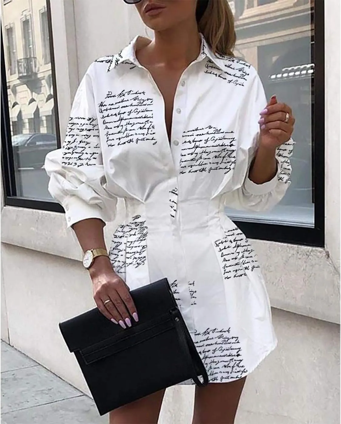 Sexy Mini Shirt Dress for Women - Casual Button Down Blouse Long Sleeve V Neck Belted Shirts Blouse Top Short Dress