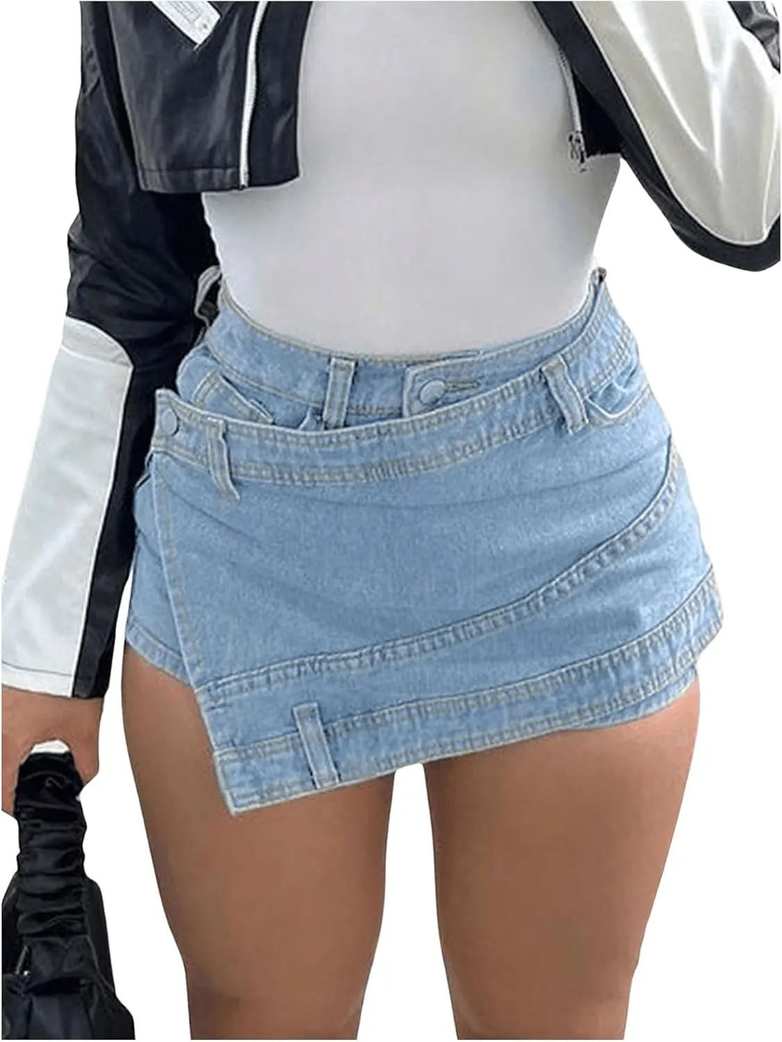 SHENHE Women's Vintage Mini Denim Skorts Wrap Overlay Irregular Stretchy Cargo Shorts