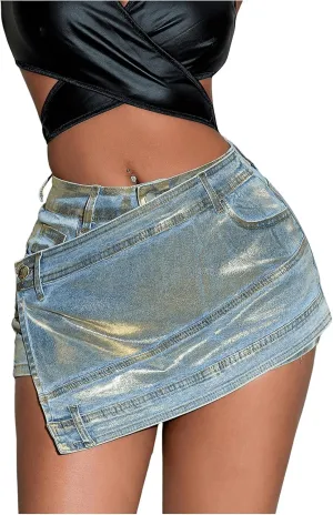 SHENHE Women's Vintage Mini Denim Skorts Wrap Overlay Irregular Stretchy Cargo Shorts