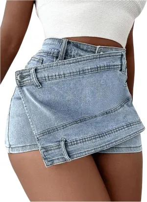 SHENHE Women's Vintage Mini Denim Skorts Wrap Overlay Irregular Stretchy Cargo Shorts