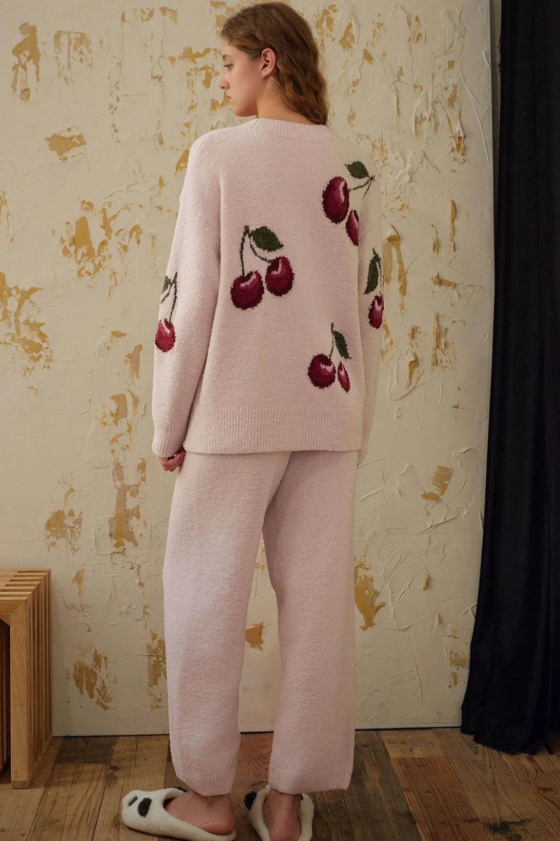 Soft Half Velvet Cherry Cardigan Pajama Set