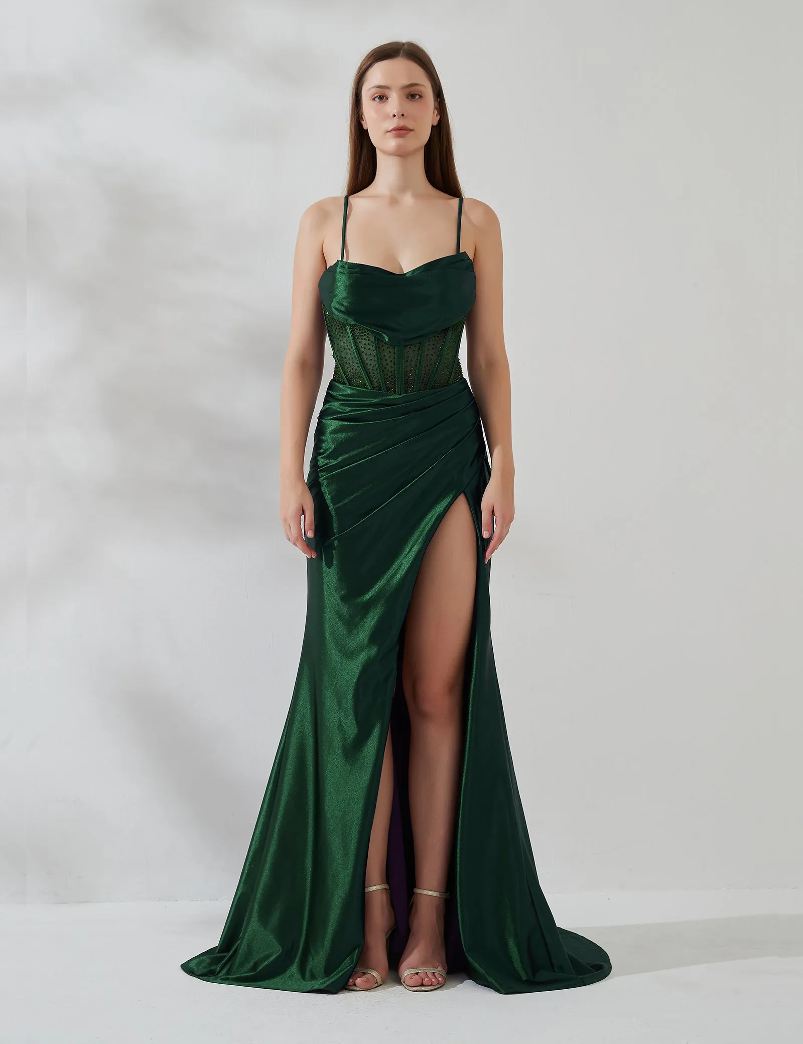 Spaghetti Strap Cowl Neck Sheer Boned Pleated Dress with Split