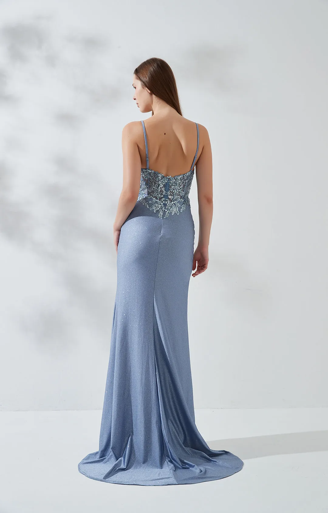 Spaghetti Straps Appliqued Pleated High Split Fishbone Zipper Evening Dresses