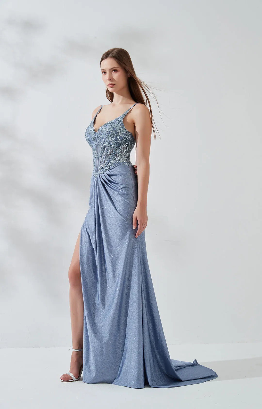 Spaghetti Straps Appliqued Pleated High Split Fishbone Zipper Evening Dresses