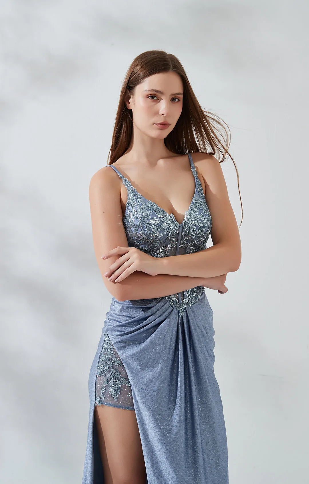 Spaghetti Straps Appliqued Pleated High Split Fishbone Zipper Evening Dresses
