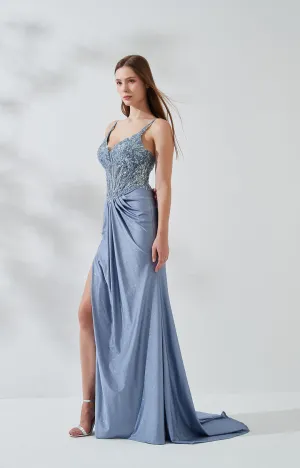 Spaghetti Straps Appliqued Pleated High Split Fishbone Zipper Evening Dresses