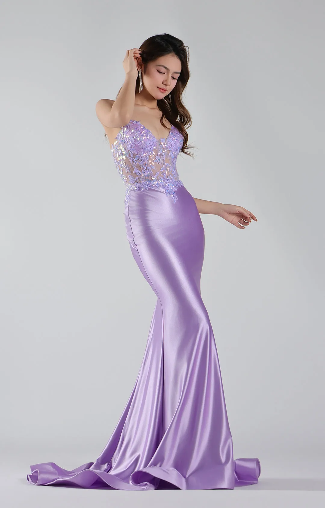 Spaghetti Straps Appliqued See Through Pleated Mermaid