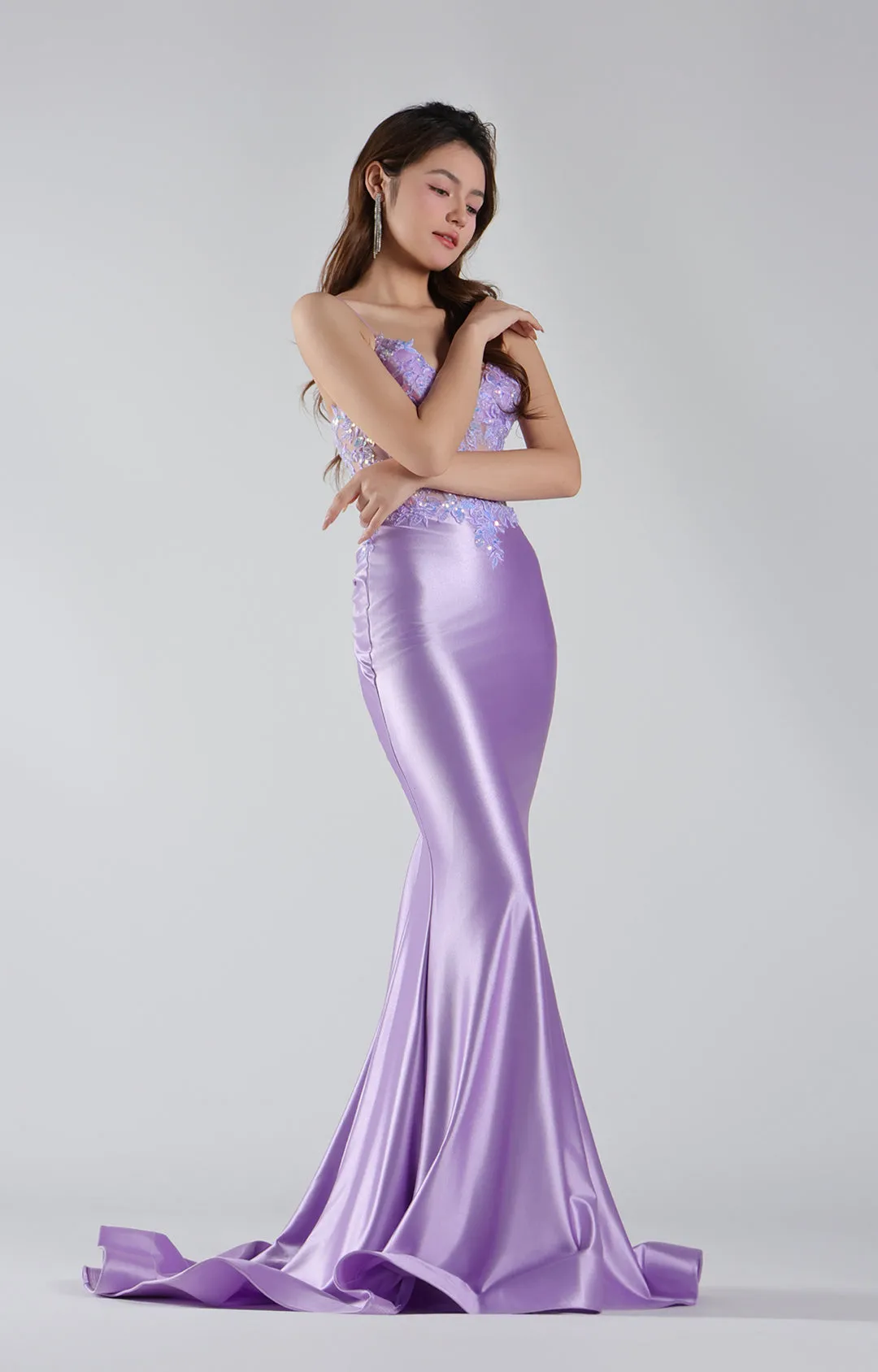 Spaghetti Straps Appliqued See Through Pleated Mermaid