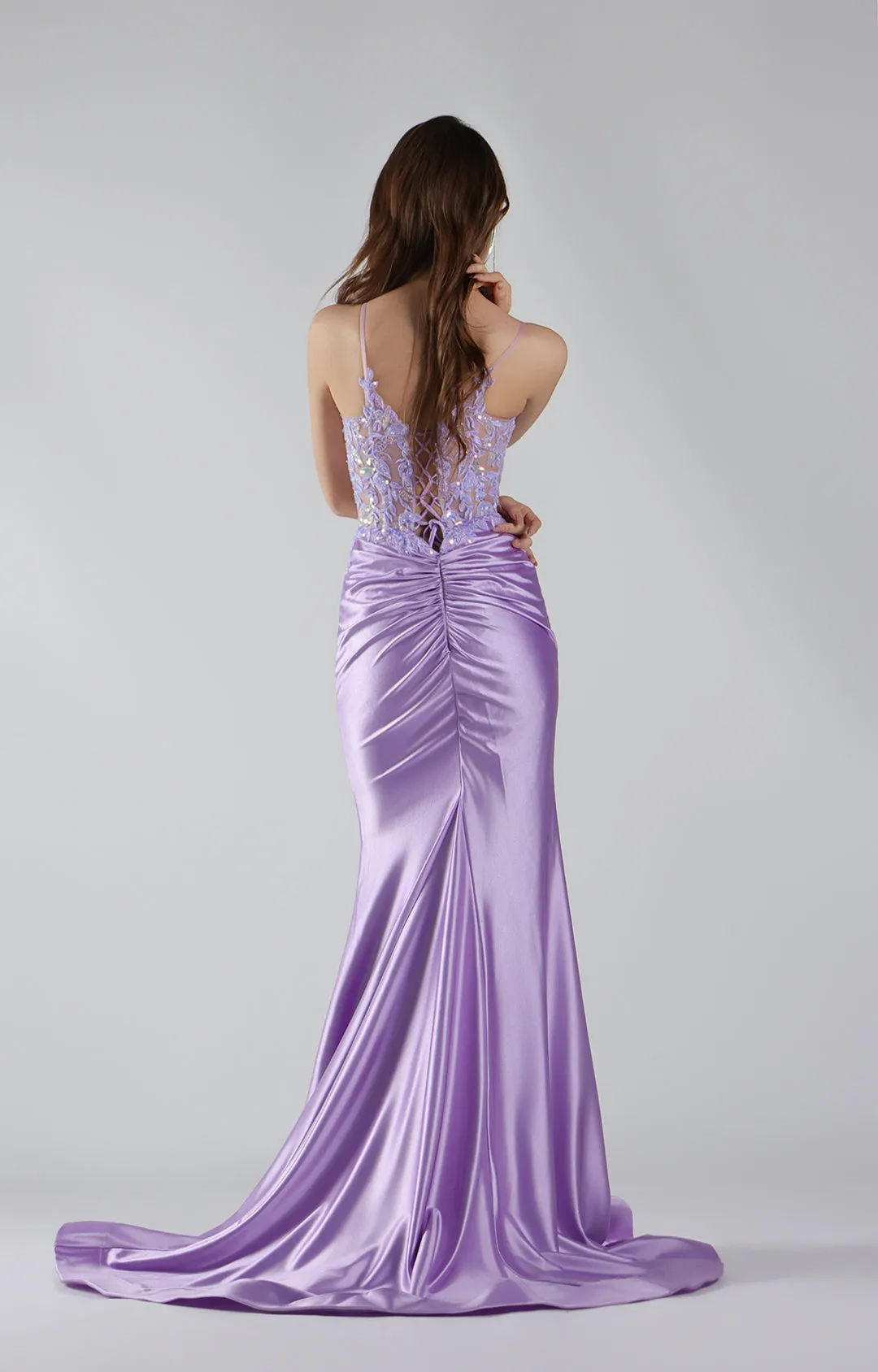 Spaghetti Straps Appliqued See Through Pleated Mermaid