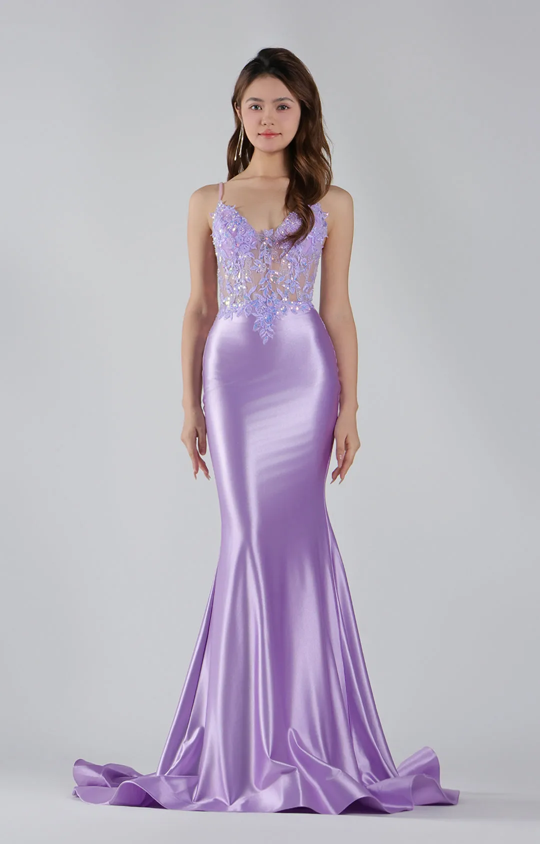 Spaghetti Straps Appliqued See Through Pleated Mermaid