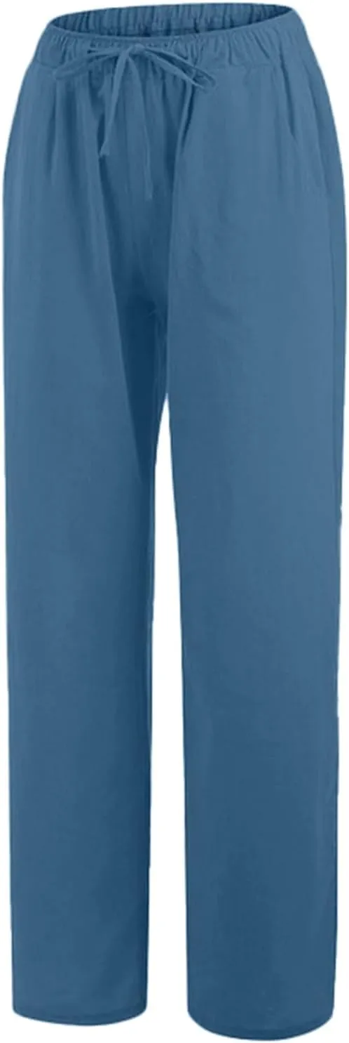 Women Wide Leg Linen Pants 2025 Summer High Waist Palazzo Pants Dress Solid Trouser with Pockets