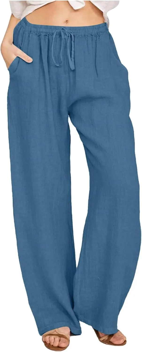 Women Wide Leg Linen Pants 2025 Summer High Waist Palazzo Pants Dress Solid Trouser with Pockets