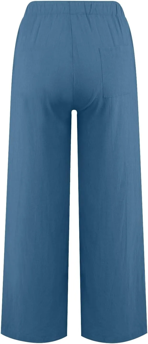 Women Wide Leg Linen Pants 2025 Summer High Waist Palazzo Pants Dress Solid Trouser with Pockets