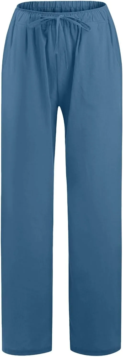 Women Wide Leg Linen Pants 2025 Summer High Waist Palazzo Pants Dress Solid Trouser with Pockets