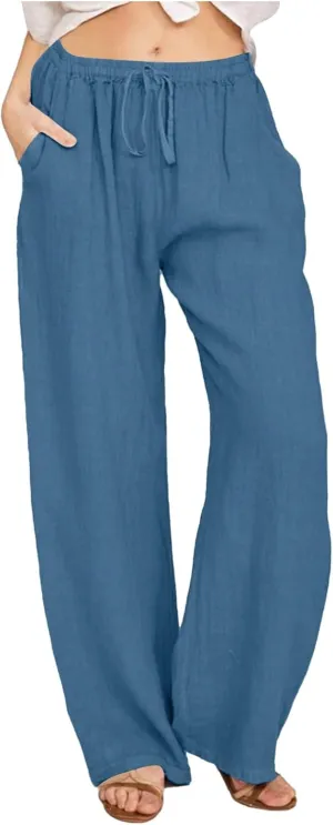 Women Wide Leg Linen Pants 2025 Summer High Waist Palazzo Pants Dress Solid Trouser with Pockets