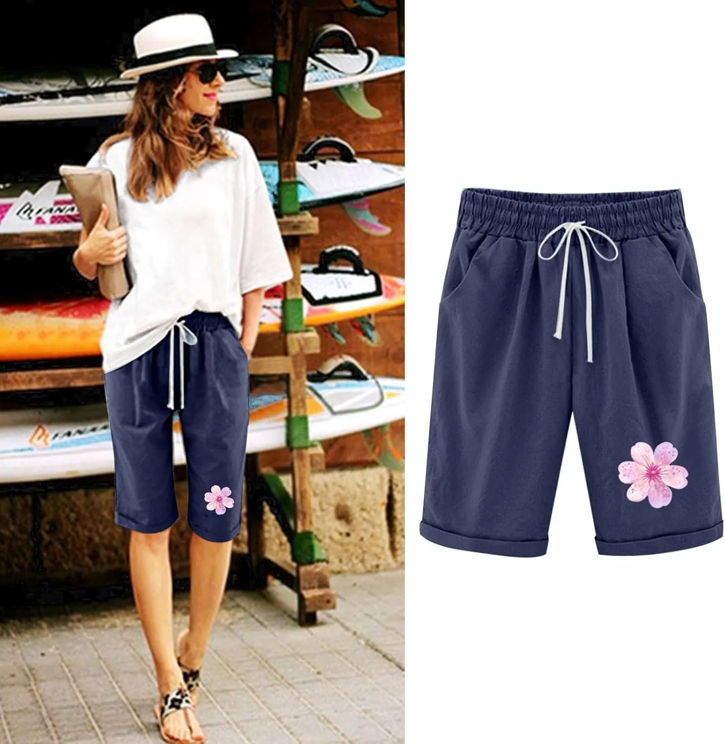 Womens Capris for Summer Cotton Linen Pants High Waistd Drawstring Linen Casual Loose Casual Trouser with Pockets