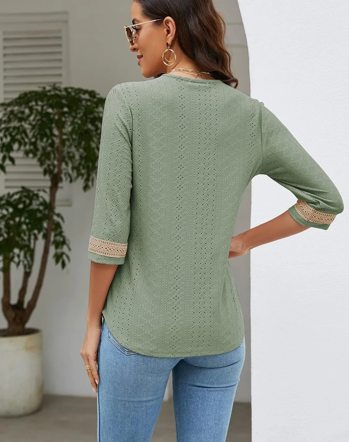 Women's Casual 3/4 Sleeve Shirts Lace V Neck Color Block Dressy Tops Trendy Hollow Floral Blouses T Shirts S-XXL